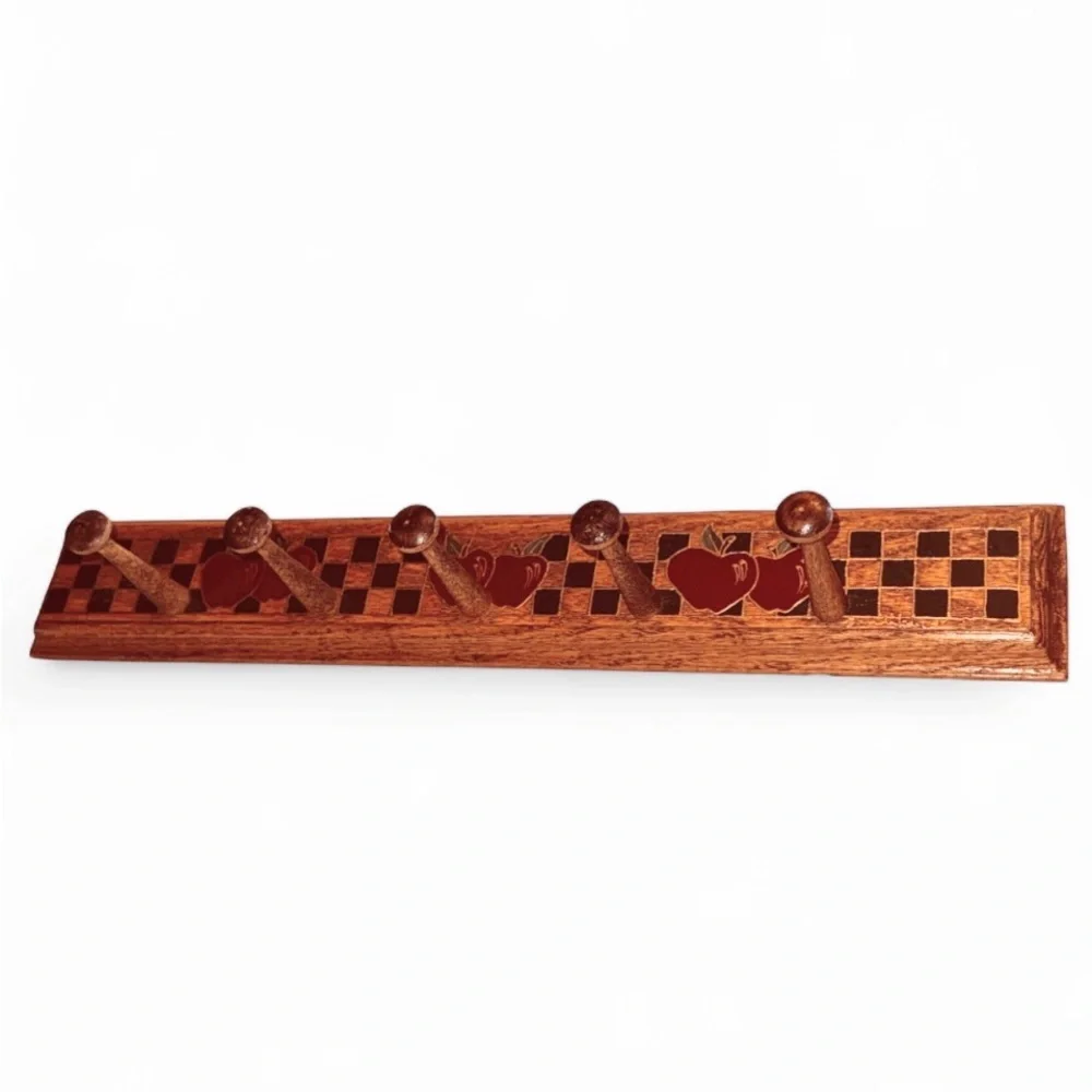 Vintage Wooden Wall Coat Rack Hand Painted Apple Checker Farmhouse Cottagecore